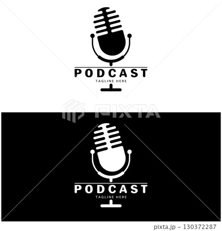 podcast logo with microphone and earphone audio, radio waves. for studio, talk show, chat, information sharing, interview, multimedia and web. 130372287