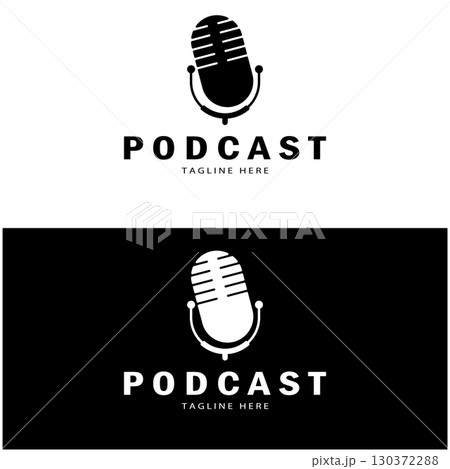 podcast logo with microphone and earphone audio, radio waves. for studio, talk show, chat, information sharing, interview, multimedia and web. 130372288