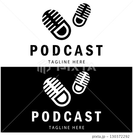 podcast logo with microphone and earphone audio, radio waves. for studio, talk show, chat, information sharing, interview, multimedia and web. 130372292