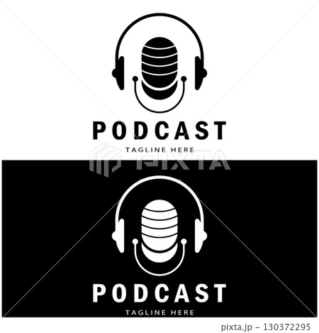 podcast logo with microphone and earphone audio, radio waves. for studio, talk show, chat, information sharing, interview, multimedia and web. podcast logo with microphone and earphone audio, radio waves. for studio, talk show, chat, information sharing, interview, multimedia and web. 130372295