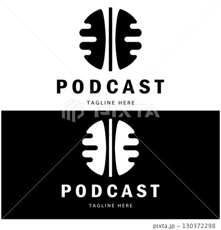 podcast logo with microphone and earphone audio, radio waves. for studio, talk show, chat, information sharing, interview, multimedia and web. 130372298
