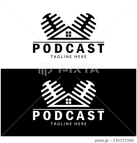 podcast logo with microphone and earphone audio, radio waves. for studio, talk show, chat, information sharing, interview, multimedia and web. 130372300