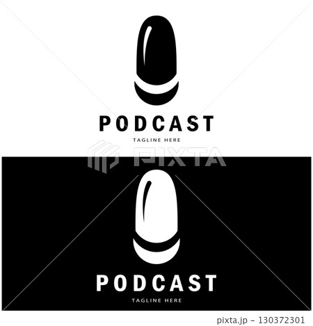 podcast logo with microphone and earphone audio, radio waves. for studio, talk show, chat, information sharing, interview, multimedia and web. 130372301