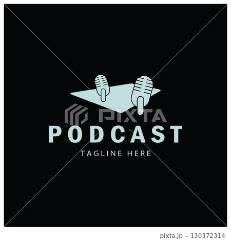podcast logo with microphone and earphone audio, radio waves. for studio, talk show, chat, information sharing, interview, multimedia and web. 130372314