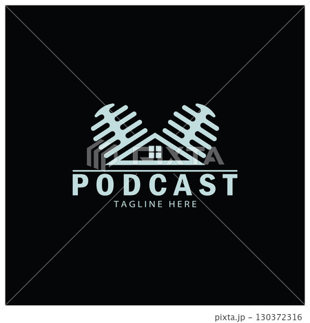 podcast logo with microphone and earphone audio, radio waves. for studio, talk show, chat, information sharing, interview, multimedia and web. 130372316