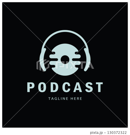 podcast logo with microphone and earphone audio, radio waves. for studio, talk show, chat, information sharing, interview, multimedia and web. 130372322