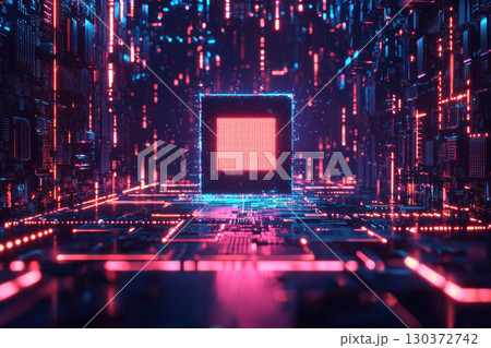 glowing AI chip at center of neon lit digital network, symbolizing advanced technology glowing AI chip at center of neon lit digital network, symbolizing advanced technology 130372742