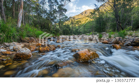 crystal clear river flowing through lush landscapes, showcasing nature beauty and clean water conservation 130372777