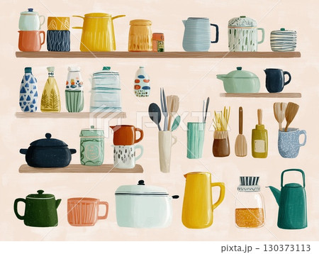 北欧風のキッチン棚と食器のイラスト|ナチュラルでカラフルな暮らしの道具 北欧風のキッチン棚と食器のイラスト|ナチュラルでカラフルな暮らしの道具 130373113
