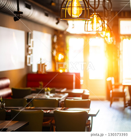 Natural restaurant interior with scenic view at sunset 130373393