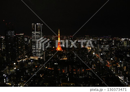六本木ヒルズ展望台から見える東京タワーと都心の夜景 130373471