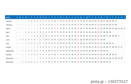 Calendar 2026 year. Week starts on Sunday. Vector illustration Calendar 2026 year. Week starts on Sunday. Vector illustration 130373527