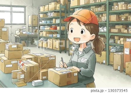 倉庫内で女性作業員が荷物の仕分けや出荷準備をしているシーン 130373545