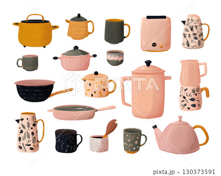 モダンで可愛いキッチン雑貨と調理器具のイラスト 130373591