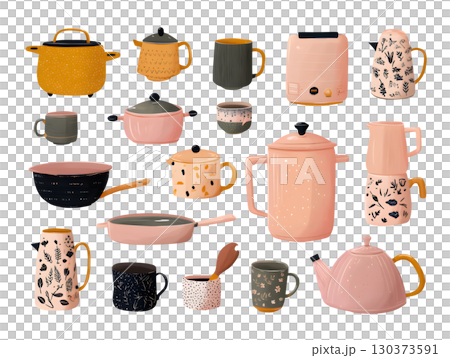現代可愛的廚房配件和炊具插圖 130373591