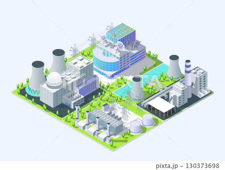 Cartoon Color Power Grid Control Center, Geothermal, Thermal and Nuclear Power Plant Industrial Energy Building Concept 3d Isometric View. Vector illustration 130373698