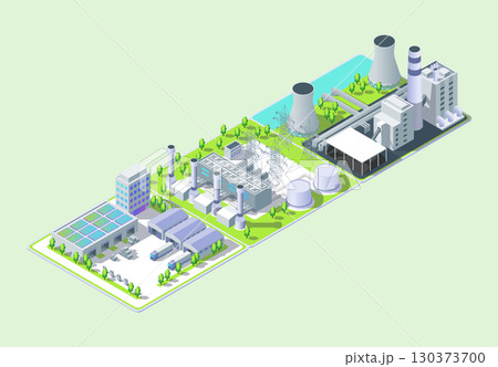 Cartoon Color Thermal, Geothermal Power Plant Object , Logistic Center and Warehouse Industrial Energy Building Concept 3d Isometric View. Vector illustration Cartoon Color Thermal, Geothermal Power Plant Object , Logistic Center and Warehouse Industrial Energy Building Concept 3d Isometric View. Vector illustration 130373700