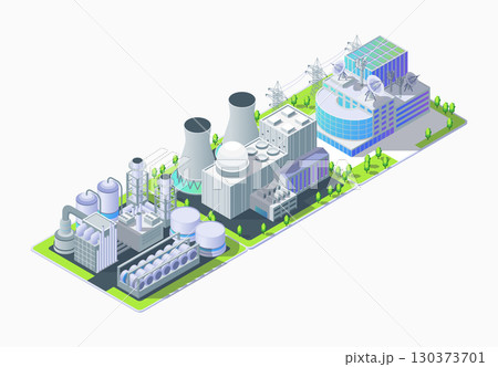 Cartoon Color Power Grid Control Center, Nuclear Power Plant and Petrochemical Plant Industrial Energy Building Concept 3d Isometric View. Vector illustration 130373701