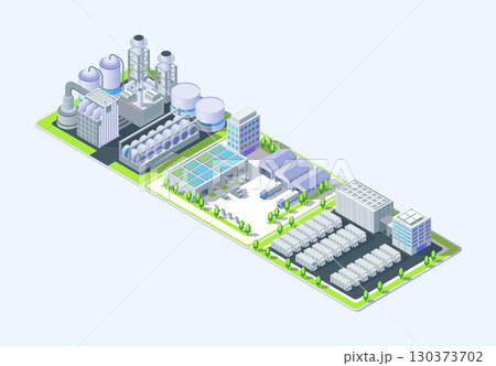 Cartoon Color Petrochemical Plant, Powerwall, Logistic Center and Warehouse Industrial Energy Building Concept 3d Isometric View. Vector illustration 130373702