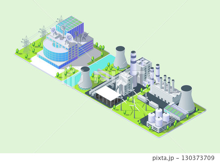 Cartoon Color Power Grid Control Center, Combined Energy Sources and Thermal Power Plant Industrial Energy Building Concept 3d Isometric View. Vector illustration 130373709