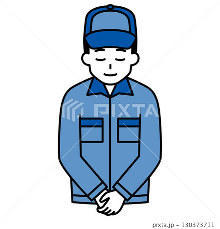 お辞儀をするつなぎ作業服の男性 お辞儀をするつなぎ作業服の男性 130373711