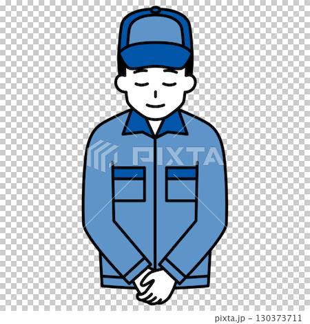 お辞儀をするつなぎ作業服の男性 お辞儀をするつなぎ作業服の男性 130373711
