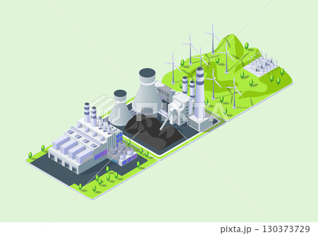 Cartoon Color Windmill, Coal and Garbage Power Plant Industrial Energy Building Concept 3d Isometric View. Vector illustration 130373729