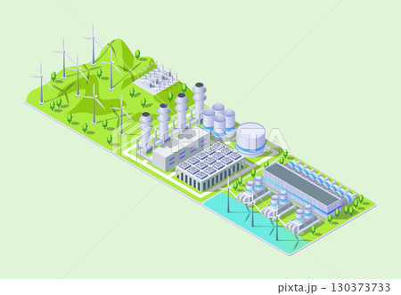 Cartoon Color Windmill, Gas Thermal Power Plant and Hydrogen Center Industrial Energy Building Concept 3d Isometric View . Vector illustration 130373733