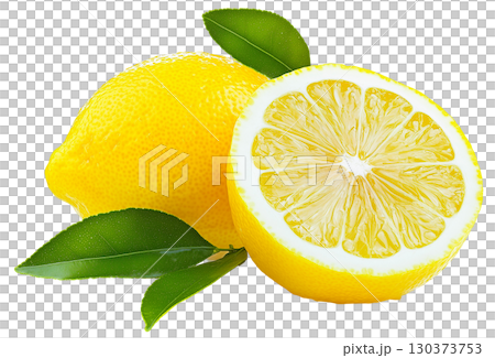 Lemon fruit with leaf isolated on white background transparent PNG clipart. 130373753