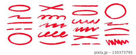 Red hand drawn doodle shapes and lines set. Sketched geometric frames and stripes collection. Zig zag and wavy scribble border pack. Red marker note signs for mark, emphasis, accent, highlight. Vector 130373795