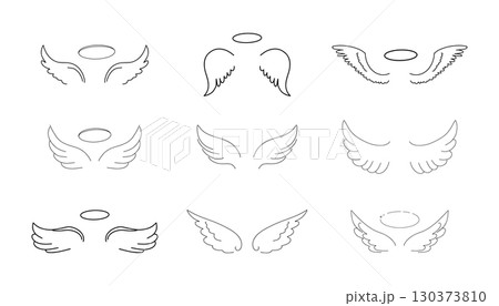 Angel or bird wings with halo line hand drawn doodle wings with feather, sketch silhouette outline. Halo or heart symbol of heaven. Cute stylized design elements.  130373810