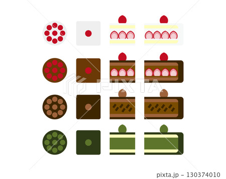イチゴのショートケーキ、チョコレートケーキ、抹茶ケーキのアイコンのイラストのセット イチゴのショートケーキ、チョコレートケーキ、抹茶ケーキのアイコンのイラストのセット 130374010