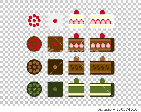 Set of strawberry shortcake, chocolate cake, matcha cake icon illustrations 130374010