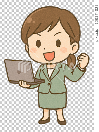 一位女工程師一手拿著筆記型電腦，一手握拳 130374025