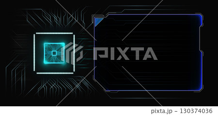 A futuristic digital design showcases a glowing microchip set against a dark circuit board background. A blank area is provided for text or graphics. 130374036
