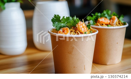 Delicious shrimp noodles with herbs 130374214