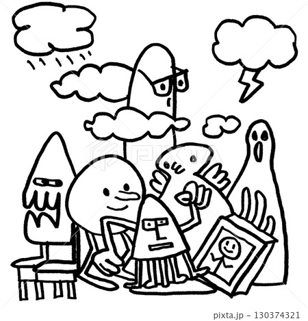 Coloring book page with transparency featuring quirky cartoon characters and expressive clouds Coloring book page with transparency featuring quirky cartoon characters and expressive clouds 130374321