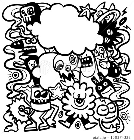 Coloring book page with transparency featuring whimsical monster doodles and playful expressions 130374322