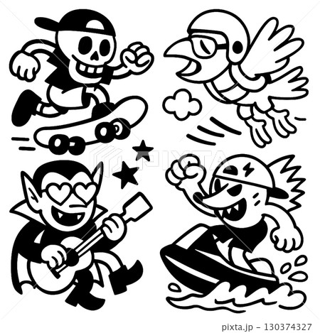 Coloring book page with transparency featuring cartoon skateboarder bird vampire and jet ski Coloring book page with transparency featuring cartoon skateboarder bird vampire and jet ski 130374327