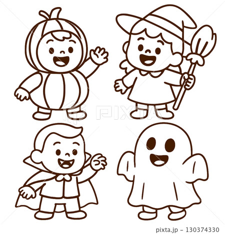 Coloring book page with transparency featuring happy children Halloween costumes for coloring fun Coloring book page with transparency featuring happy children Halloween costumes for coloring fun 130374330