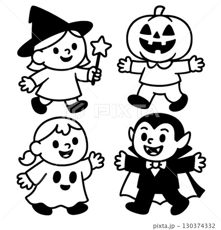 Coloring book page with transparency featuring happy children witch ghost pumpkin and vampire Coloring book page with transparency featuring happy children witch ghost pumpkin and vampire 130374332