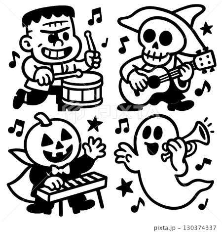 Coloring book page with transparency featuring happy Halloween characters playing musical Coloring book page with transparency featuring happy Halloween characters playing musical 130374337