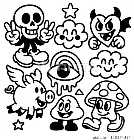 Coloring book coloring page transparency with happy cartoon characters and playful expressions Coloring book coloring page transparency with happy cartoon characters and playful expressions 130374354