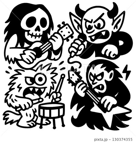 Coloring book page featuring transparency with monster band playing music in energetic style 130374355