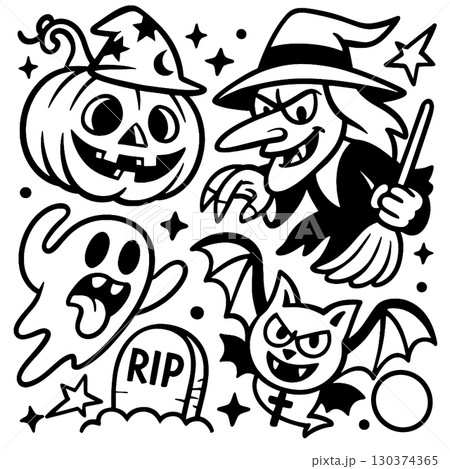 Coloring book page with Halloween witch pumpkin ghost bat and transparency for creative fun Coloring book page with Halloween witch pumpkin ghost bat and transparency for creative fun 130374365