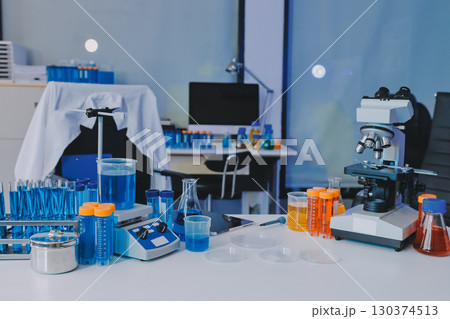 Collaboration, tablet or science with people in lab together for research or development. Innovation, tech and microscope with scientist team in clinical trial for planning or medical investigation 130374513