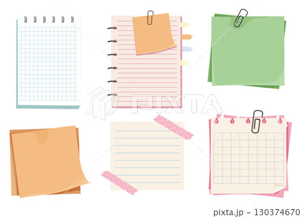 Different note papers, memo pages with paper clip and adhesive tape. Set sticky remind blanks, sheets, stickers. Checklist ripped torn edge paper. 130374670