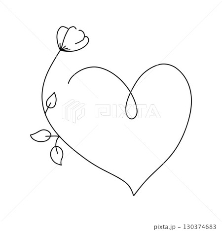 Heart with flower continuous line elegant frame, border, contour sketch hand drawn decoration, romantic line art.  130374683