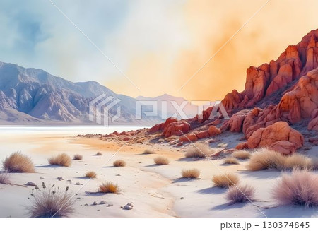 Vibrant Watercolor of Death Valley Colorful Rocks and Expansive Salt Flats 130374845