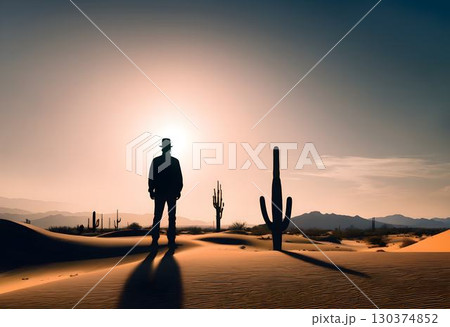 Desert Silhouette of Person or Cactus 130374852